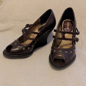 Kenzie Dark Brown Peep-Toe Studded Wedge Heels